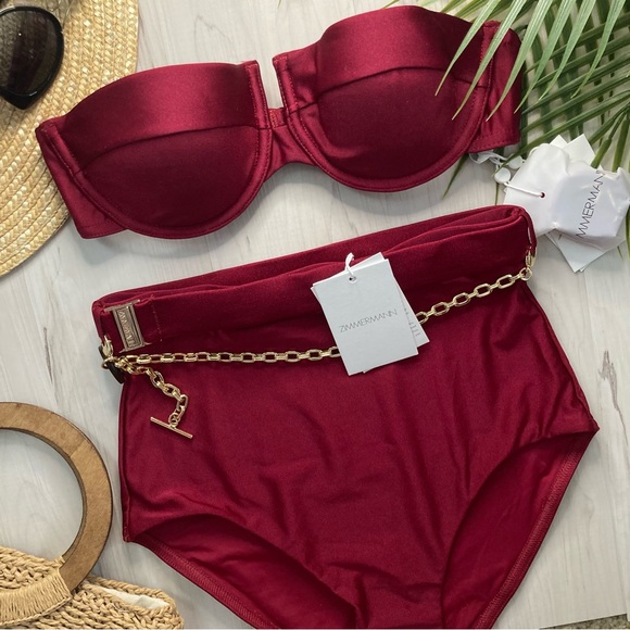 Zimmermann Ruby Red Balconnette + Chain Link High Rise Bikini Bottom Set - Picture 3 of 15